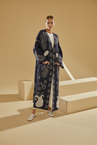 Kadın Lacivert Çiçek Desenli Kimono & KaftanHIRKA